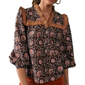 Anthropologie Othilia Sera Black Ornate Floral Ruffle Trim Blouse Womens Size XS